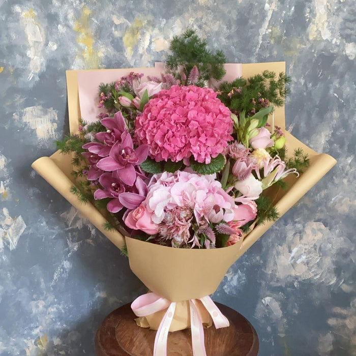 Pink Flamingo - Pink hydrangeas & orchid flower bouquet - Flourish by Charlene