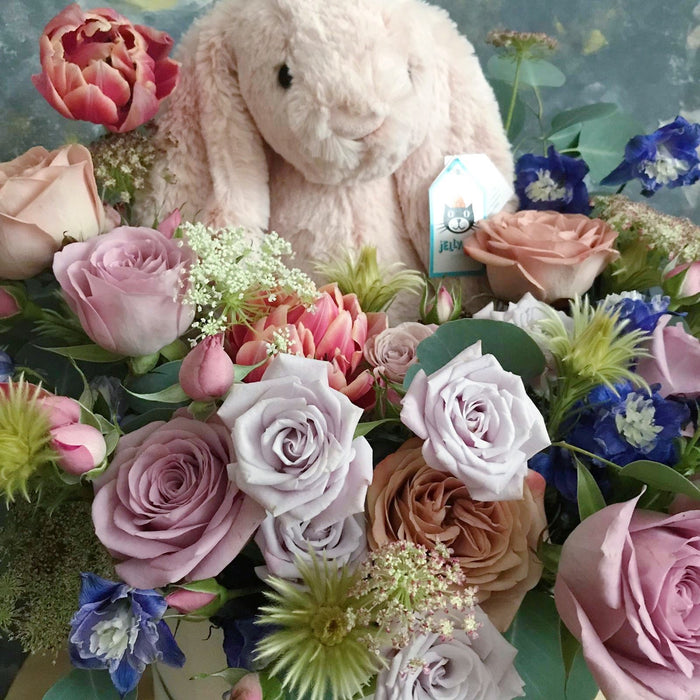 Close up of Baby Bloombox with the softest blush jellycat bunny - Flower Bloombox - Flourish by Charlene 