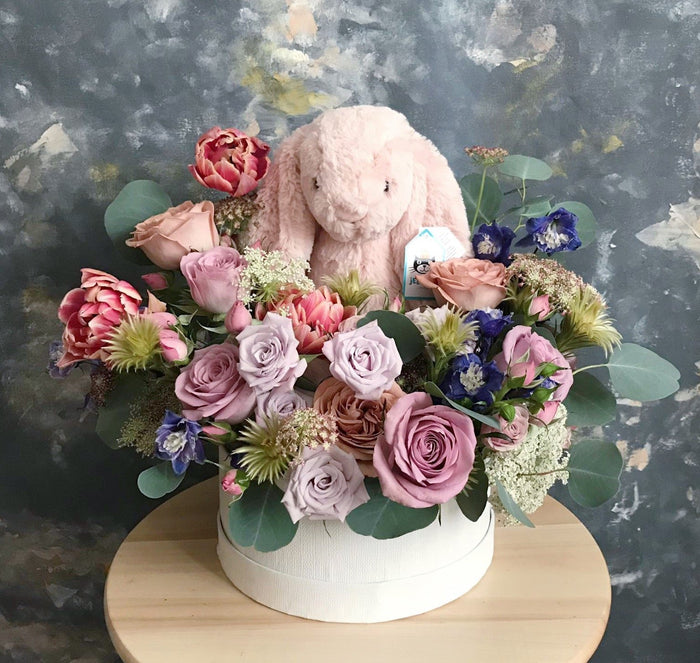 Baby Bloombox with the softest blush jellycat bunny - Flower Bloombox - Flourish by Charlene